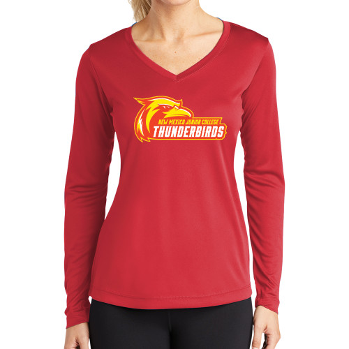  Womens Red Performance Long Sleeve V Neck Shirt - Primary Logo