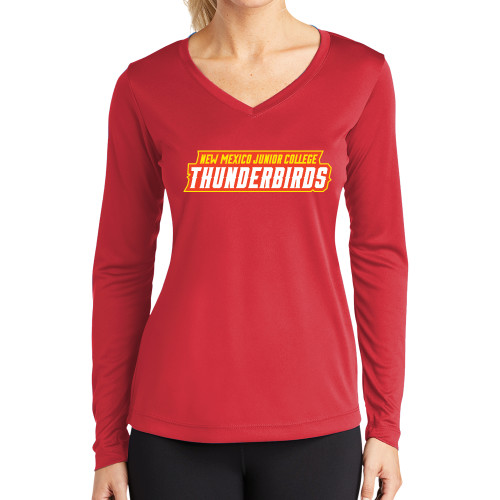  Womens Red Performance Long Sleeve V Neck Shirt - Thunderbirds Word Mark