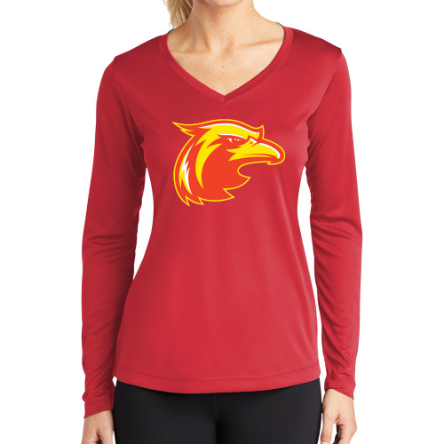  Womens Red Performance Long Sleeve V Neck Shirt - Thunderbird Head