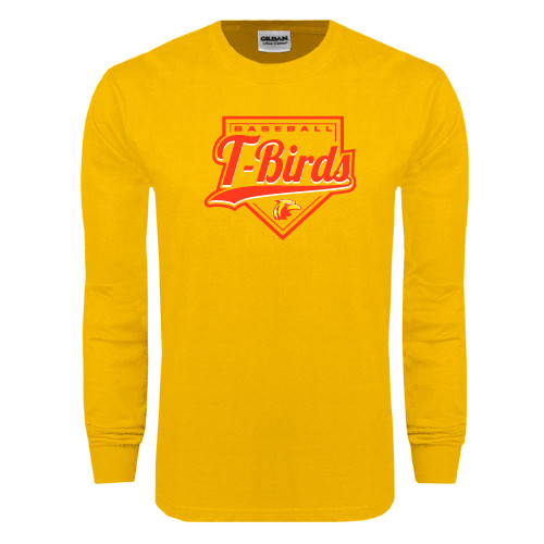  Gold Long Sleeve T Shirt - T-Birds Baseball Script and Plate