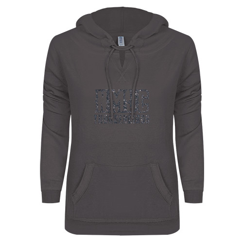 ENZA Womens Dark Heather V Notch Raw Edge Fleece Hoodie - NMJC Thunderbirds Lettermark Silver Soft Glitter