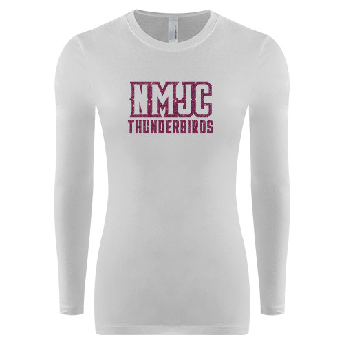  Womens White Long Sleeve V Neck Tee - NMJC Thunderbirds Lettermark Pink Glitter