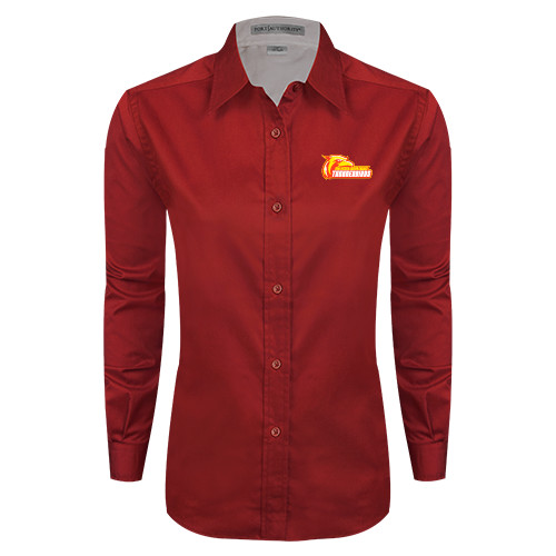  Womens Red Twill Button Down Long Sleeve  - Primary Logo