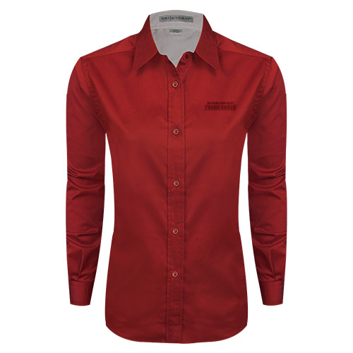  Womens Red Twill Button Down Long Sleeve  - Thunderbirds Word Mark