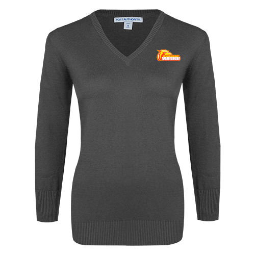  Womens Charcoal Heather VNeck Sweater - Primary Logo