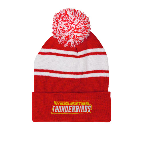  Red/White Two Tone Knit Pom Beanie w/Cuff - Thunderbirds Word Mark