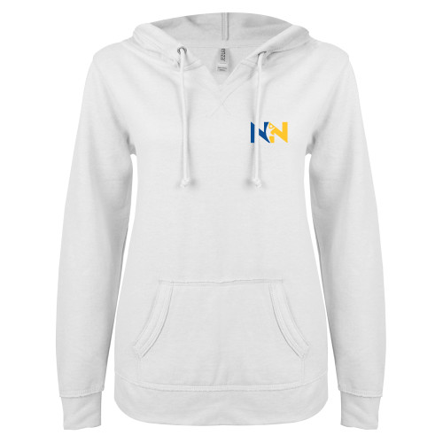  ENZA Womens White V Notch Raw Edge Fleece Hoodie - Near North Health Primary Mark