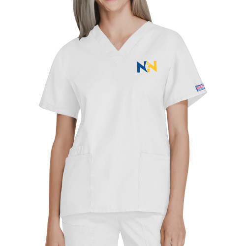  Womens White WW Originals V Neck Scrub Top - Near North Health Primary Mark