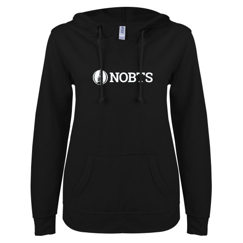  ENZA Womens Black V Notch Raw Edge Fleece Hoodie - NOBTS Wordmark