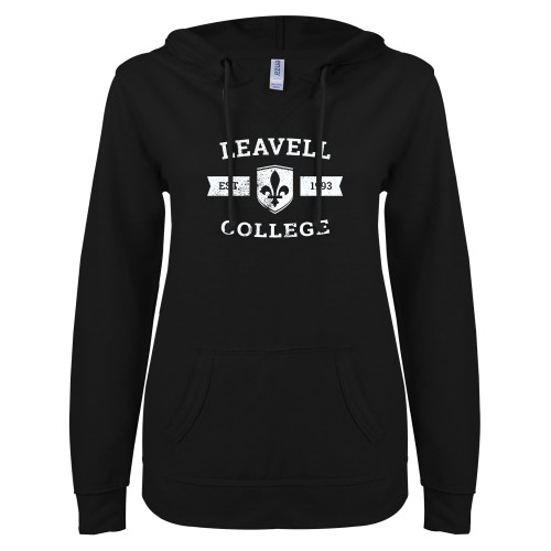  ENZA Womens Black V Notch Raw Edge Fleece Hoodie - Leavell College Distressed