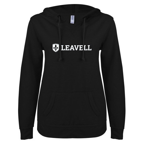  ENZA Womens Black V Notch Raw Edge Fleece Hoodie - Leavell Wordmark with Shield