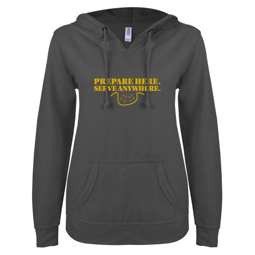  ENZA Womens Dark Heather V Notch Raw Edge Fleece Hoodie - Prepare Here Serve Anywhere