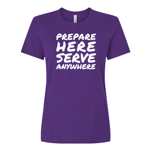  Bella + Canvas Womens Purple Relaxed Cotton T Shirt - Prepare Here Serve Anywhere Undergrad