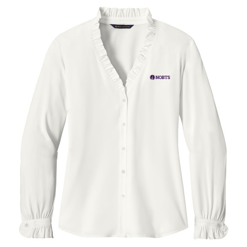  Brooks Brothers Womens Off White Long Sleeve Ruffle Collar Blouse - NOBTS Wordmark