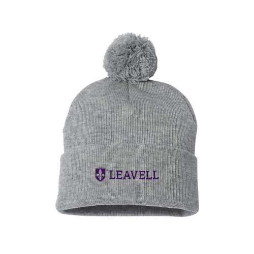  Sportsman Heather Grey Pom Pom Cuffed Beanie - Leavell Wordmark with Shield