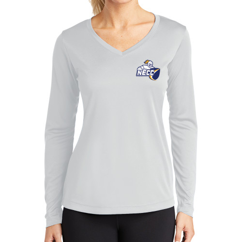  Womens White Performance Long Sleeve V Neck Shirt - Primary Mark