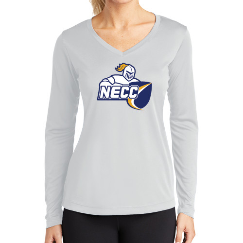  Womens White Performance Long Sleeve V Neck Shirt - Primary Mark