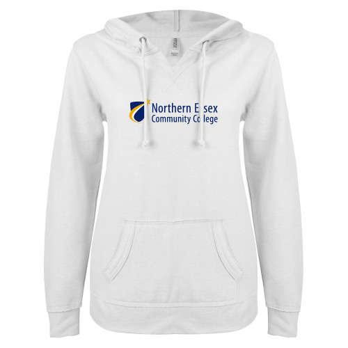  ENZA Womens White V Notch Raw Edge Fleece Hoodie - Northern  Essex Community College