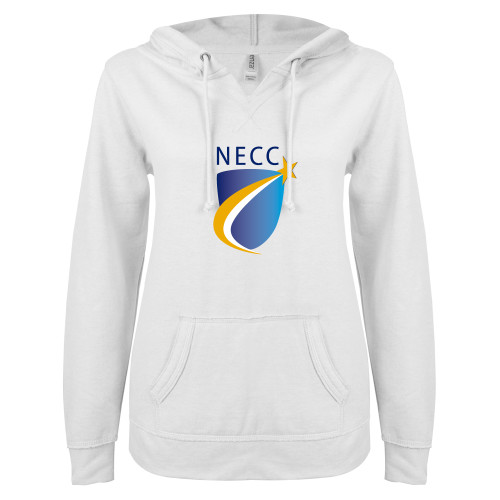  ENZA Womens White V Notch Raw Edge Fleece Hoodie - NECC Shield