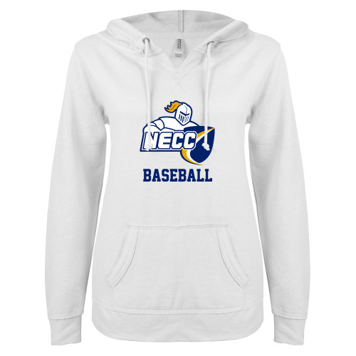  ENZA Womens White V Notch Raw Edge Fleece Hoodie - Baseball