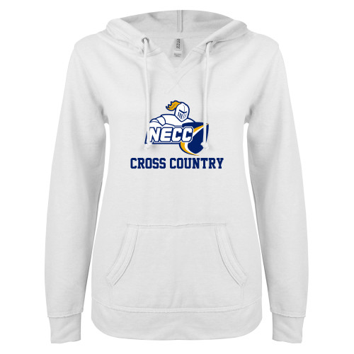  ENZA Womens White V Notch Raw Edge Fleece Hoodie - Cross Country