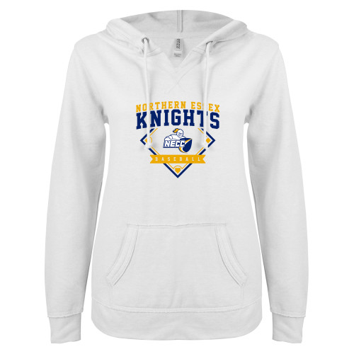  ENZA Womens White V Notch Raw Edge Fleece Hoodie - Baseball