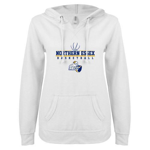  ENZA Womens White V Notch Raw Edge Fleece Hoodie - Basketball