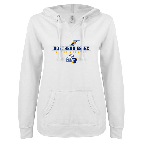  ENZA Womens White V Notch Raw Edge Fleece Hoodie - Cross Country