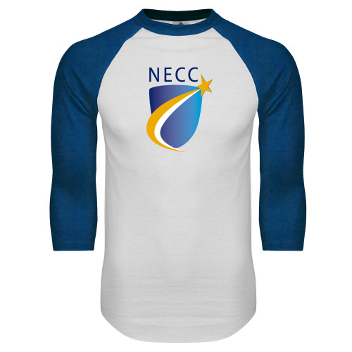  White/Royal Raglan Baseball T Shirt - NECC Shield