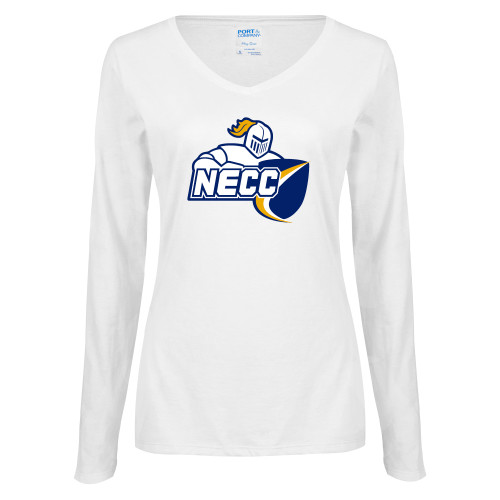  Womens White Long Sleeve V Neck Tee - Primary Mark