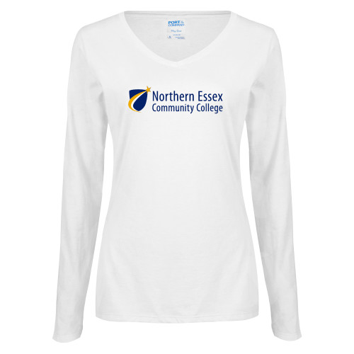  Womens White Long Sleeve V Neck Tee - Northern  Essex Community College
