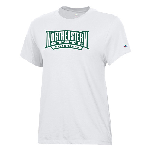  Champion Womens  White Core Short Sleeve Tee - Northeastern State RIVERHAWKS Wordmark