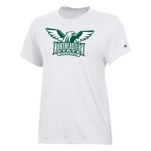  Champion Womens  White Core Short Sleeve Tee - Northeastern State RIVERHAWKS with Hawk