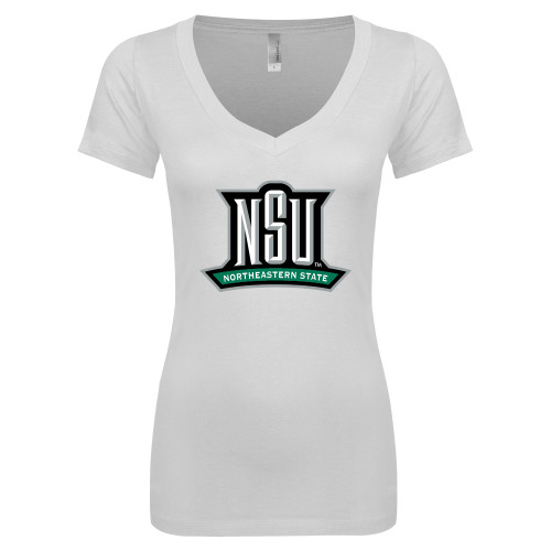  Next Level Womens White Ideal V Tee - NSU Mark