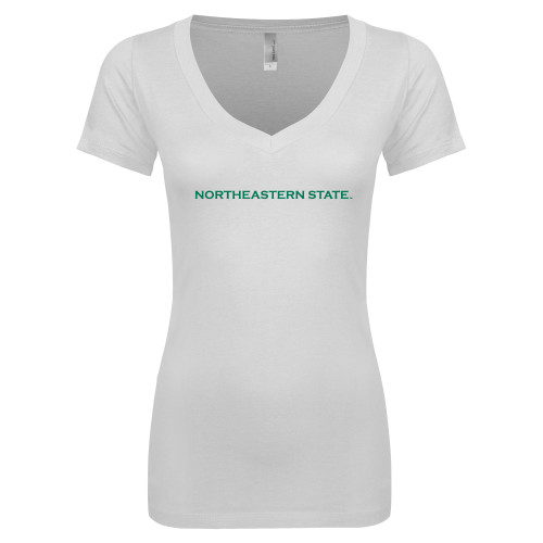  Next Level Womens White Ideal V Tee - Flat Wordmark