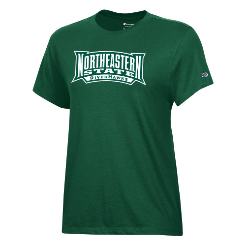  Champion Womens Dark Green Core Short Sleeve Tee - Northeastern State RIVERHAWKS Wordmark