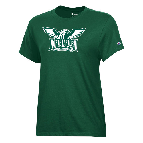  Champion Womens Dark Green Core Short Sleeve Tee - Northeastern State RIVERHAWKS with Hawk