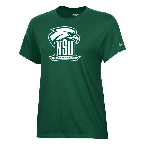 Champion Womens Dark Green Core Short Sleeve Tee - NSU RIVERHAWKS Primary Mark One Color