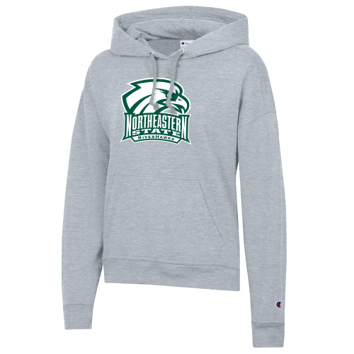  Champion Womens Oxford Grey Powerblend Pullover Hood - RIVERHAWKS with Hawk Head One Color
