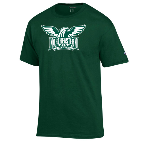  Champion Dark Green T Shirt - Northeastern State RIVERHAWKS with Hawk