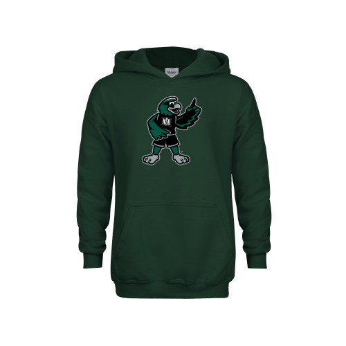  Youth Dark Green Fleece Hoodie - NSU Riverhawk Mascot Full Color