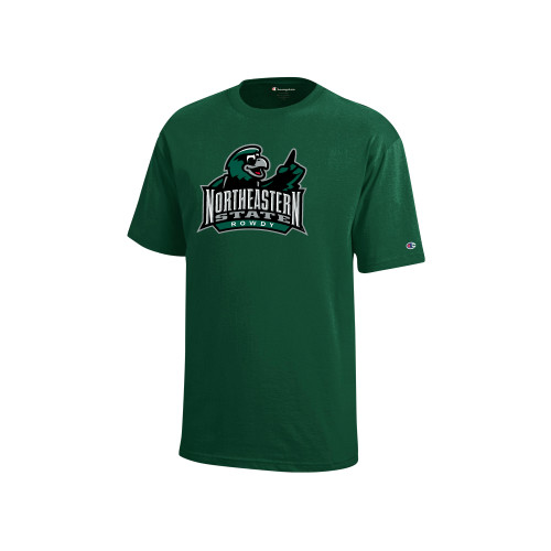  Champion Youth Dark Green Short Sleeve Tee - Northeastern State Rowdy Full Color with Shadow