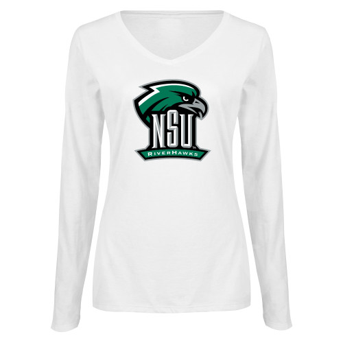  Womens White Long Sleeve V Neck Tee - Primary Mark