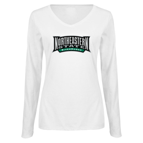  Womens White Long Sleeve V Neck Tee - Wordmark