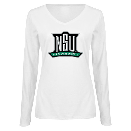  Womens White Long Sleeve V Neck Tee - NSU Mark