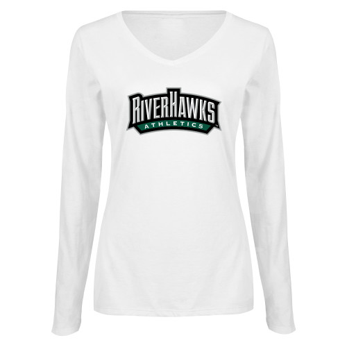  Womens White Long Sleeve V Neck Tee - RIVERHAWKS Athletics
