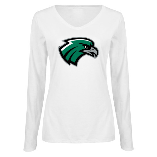  Womens White Long Sleeve V Neck Tee - Hawk Head