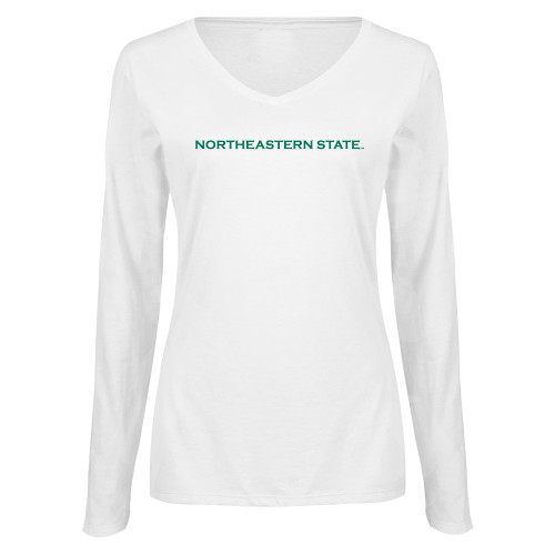  Womens White Long Sleeve V Neck Tee - Flat Wordmark