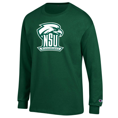  Champion Dark Green Long Sleeve T Shirt - NSU RIVERHAWKS Primary Mark One Color