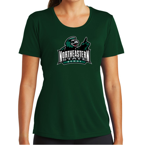  Womens Dark Green Performance Short Sleeve Tee - Northeastern State Rowdy Full Color